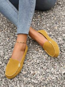 時尚平底鞋適用於女士金屬裝飾仿麂皮平底樂福鞋 - 橘色 - 查看 2