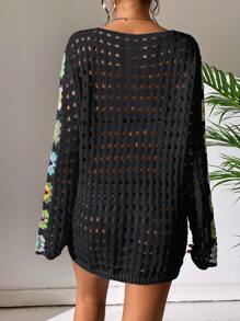 SHEIN Swim Floral Pattern Hollow Out Cover Up Dress Without Bikini,Summer Beach - Black - View 2