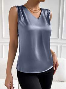 Chiquease Blusa unicolor de cuello V de satén - Neblina azul - Ver 5