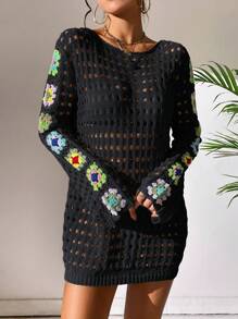 SHEIN Swim Floral Pattern Hollow Out Cover Up Dress Without Bikini,Summer Beach - Black - View 3