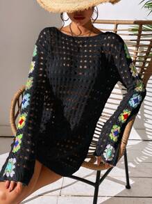 SHEIN Swim Floral Pattern Hollow Out Cover Up Dress Without Bikini,Summer Beach - Black - View 4