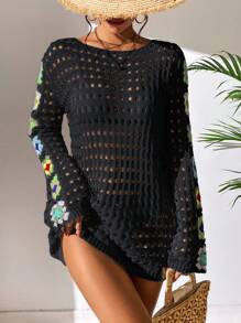 SHEIN Swim Floral Pattern Hollow Out Cover Up Dress Without Bikini,Summer Beach - Black - View 5
