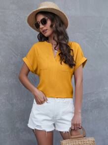SHEIN LUNE 缺口領蝙蝠袖口袋貼布襯衫 - 黃色 - 查看 3