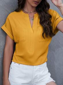 SHEIN LUNE 缺口領蝙蝠袖口袋貼布襯衫 - 黃色 - 查看 5