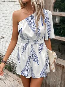 SHEIN VCAY Tropical Print One Shoulder Shirred Detail Romper - White - View 1