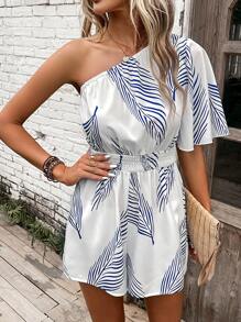 SHEIN VCAY Tropical Print One Shoulder Shirred Detail Romper - White - View 4