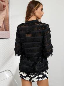 SHEIN Privé Áo sơ mi nữ mép màu trơn Buổi tiệc - màu đen - Xem 2