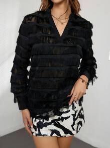 SHEIN Privé Áo sơ mi nữ mép màu trơn Buổi tiệc - màu đen - Xem 3