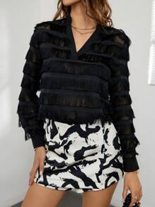 SHEIN Privé Áo sơ mi nữ mép màu trơn Buổi tiệc - màu đen - Xem 5