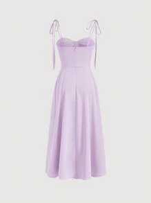 SHEIN MOD 素色肩上打結吊帶連衣裙 - 紫丁香色 - 查看 2