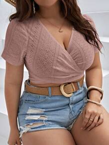SHEIN VCAY Áo thun Plus size Buộc lại Trọn gói Tranh thêu màu trơn Giải trí - Bụi hồng - Xem 2