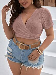 SHEIN VCAY Áo thun Plus size Buộc lại Trọn gói Tranh thêu màu trơn Giải trí - Bụi hồng - Xem 3