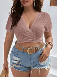 SHEIN VCAY Áo thun Plus size Buộc lại Trọn gói Tranh thêu màu trơn Giải trí - Bụi hồng - Xem 4