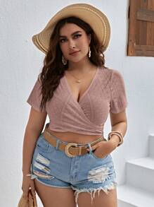 SHEIN VCAY Áo thun Plus size Buộc lại Trọn gói Tranh thêu màu trơn Giải trí - Bụi hồng - Xem 5