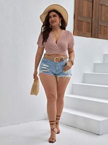 SHEIN VCAY Áo thun Plus size Buộc lại Trọn gói Tranh thêu màu trơn Giải trí - Bụi hồng - Xem 6