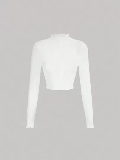 SHEIN MOD Mock Neck Lettuce Trim Crop Perspective White Top,Sheer White Mesh Long Sleeve Top For Wedding, Party, Reception, Engagement, Anniversary, Holiday, Dinner, Formal, Gatherings, Lightweight, Elegant Shirts, Soft Fabric, Slim Fit, Layering, Cropped Style