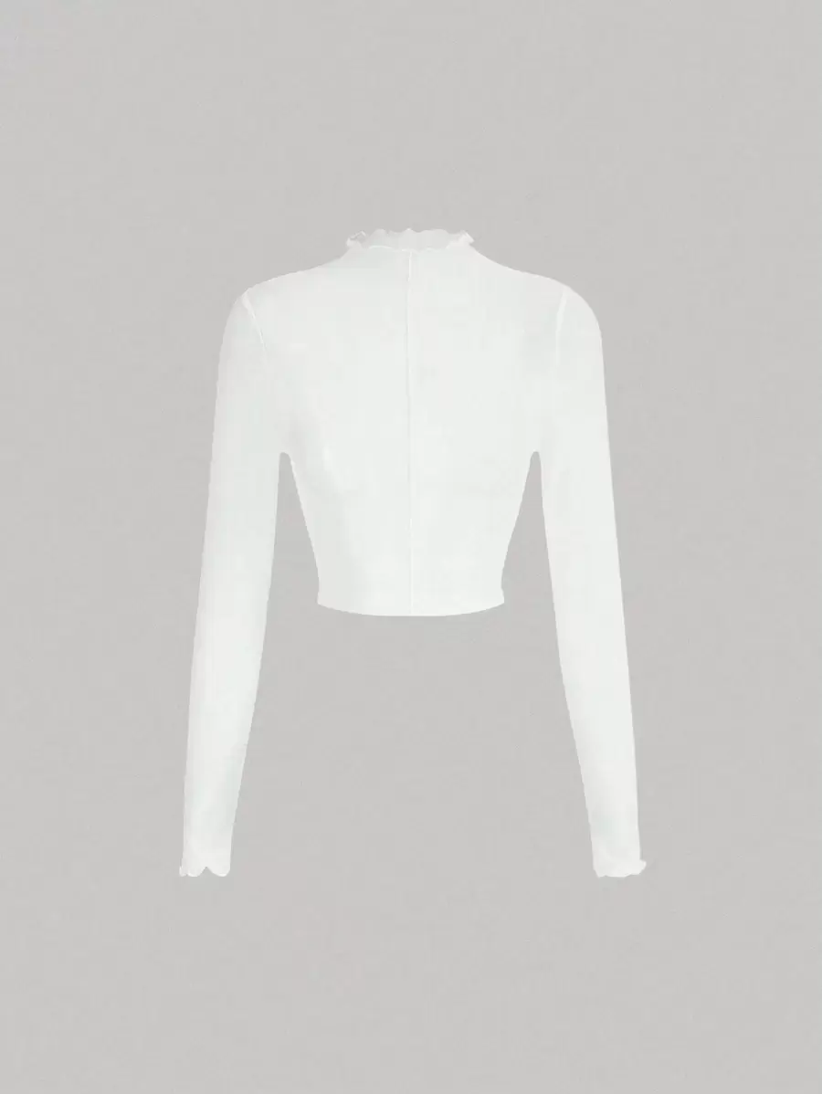 SHEIN MOD Mock Neck Lettuce Trim Crop Perspective White Top,Sheer White Mesh Long Sleeve Top For Wedding, Party, Reception, Engagement, Anniversary, Holiday, Dinner, Formal, Gatherings, Lightweight, Elegant Shirts, Soft Fabric, Slim Fit, Layering, Cropped Style - White - View 1