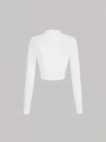 SHEIN MOD Mock Neck Lettuce Trim Crop Perspective White Top,Sheer White Mesh Long Sleeve Top For Wedding, Party, Reception, Engagement, Anniversary, Holiday, Dinner, Formal, Gatherings, Lightweight, Elegant Shirts, Soft Fabric, Slim Fit, Layering, Cropped Style - White - View 2