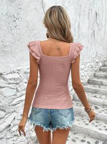 SHEIN VCAY Camiseta De Mangas De Mariposa Con Cuello Cuadrado Y Bordado De Ojales, Camisa De Mujer