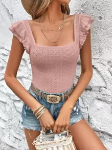 SHEIN VCAY Camiseta De Mangas De Mariposa Con Cuello Cuadrado Y Bordado De Ojales, Camisa De Mujer