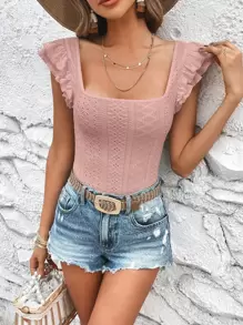 SHEIN VCAY Camiseta De Mangas De Mariposa Con Cuello Cuadrado Y Bordado De Ojales, Camisa De Mujer