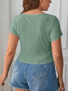 SHEIN Essnce 大碼網眼刺繡木耳邊T恤 - 薄荷綠 - 查看 2