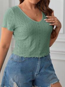 SHEIN Essnce 大碼網眼刺繡木耳邊T恤 - 薄荷綠 - 查看 4