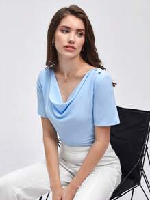 BizChic Draped Collar Buttoned Detail Top Workwear - Baby Blue - View 1