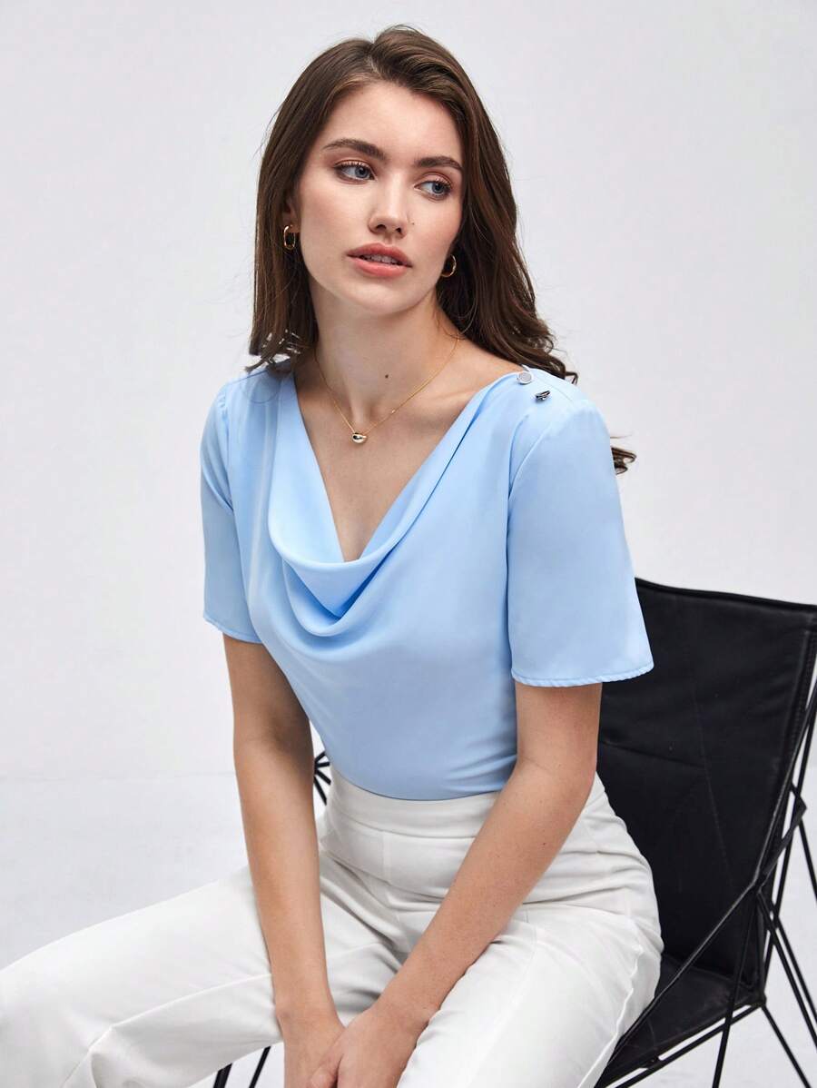 BizChic Draped Collar Buttoned Detail Top Workwear - Baby Blue - View 1