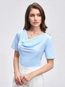 BizChic Draped Collar Buttoned Detail Top Workwear - Baby Blue - View 4