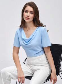 BizChic Draped Collar Buttoned Detail Top Workwear - Baby Blue - View 5