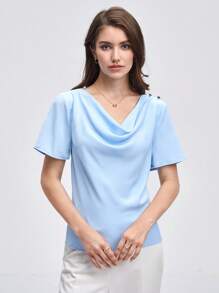 BizChic Draped Collar Buttoned Detail Top Workwear - Baby Blue - View 6