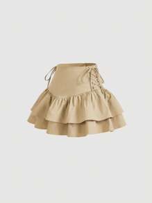 SHEIN MOD 側邊綁帶荷葉邊半身裙 - 卡其色 - 查看 3