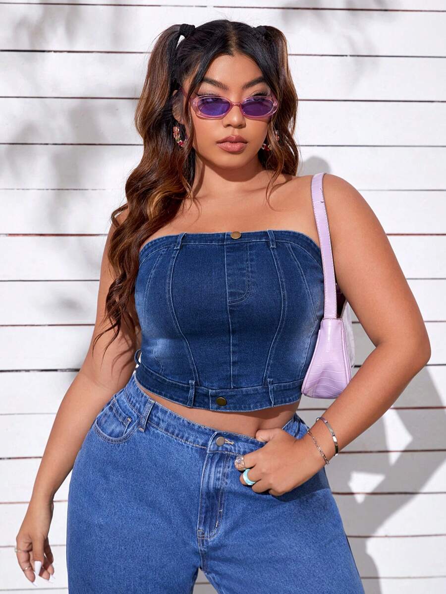 SHEIN ICON 大碼前紐扣後拉鏈抹胸牛仔上衣 - 深色水洗藍 - 查看 1