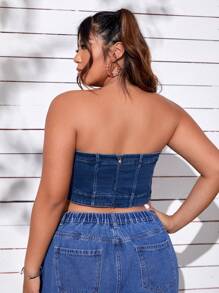 SHEIN ICON 大碼前紐扣後拉鏈抹胸牛仔上衣 - 深色水洗藍 - 查看 2