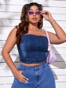 SHEIN ICON 大碼前紐扣後拉鏈抹胸牛仔上衣 - 深色水洗藍 - 查看 4