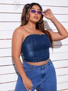 SHEIN ICON 大碼前紐扣後拉鏈抹胸牛仔上衣 - 深色水洗藍 - 查看 5