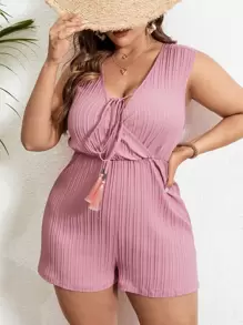 SHEIN Plus Tassel Tie Front Cover Up Romper - Pink - View 1