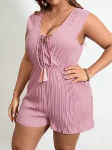 SHEIN Plus Tassel Tie Front Cover Up Romper - Pink - View 5