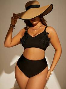 SHEIN Plus Size Appliques High Waisted Bikini Set Summer Beach - Black - View 1