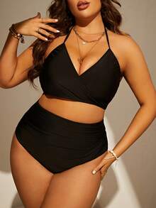 SHEIN Plus Size Appliques High Waisted Bikini Set Summer Beach - Black - View 3