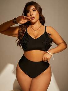 SHEIN Plus Size Appliques High Waisted Bikini Set Summer Beach - Black - View 4