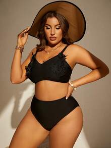 SHEIN Plus Size Appliques High Waisted Bikini Set Summer Beach - Black - View 5