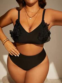 SHEIN Plus Size Appliques High Waisted Bikini Set Summer Beach - Black - View 6