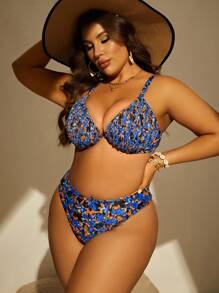 SHEIN Swim Curve Summer Beach Plus Size Floral Print Smocked Underwire Bikini Set - Multicolor - View 5