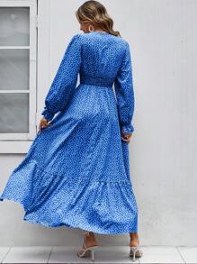 SHEIN Holidaya Ditsy Floral Print Flounce Sleeve Ruffle Hem Dress Maxi Women Outfit - Blue - View 2