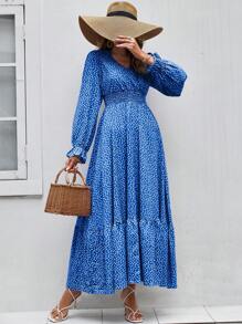 SHEIN Holidaya Ditsy Floral Print Flounce Sleeve Ruffle Hem Dress Maxi Women Outfit - Blue - View 3