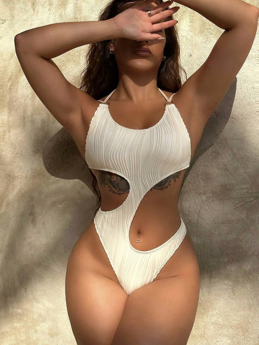 Swim SXY Phụ nữ một mảnh Cắt ra Buộc lại màu trơn - Màu be - Xem 1