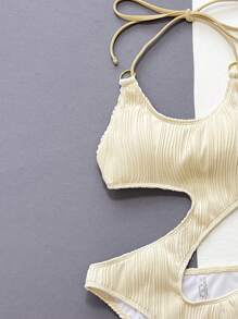 Swim SXY Phụ nữ một mảnh Cắt ra Buộc lại màu trơn - Màu be - Xem 3