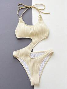 Swim SXY Phụ nữ một mảnh Cắt ra Buộc lại màu trơn - Màu be - Xem 4